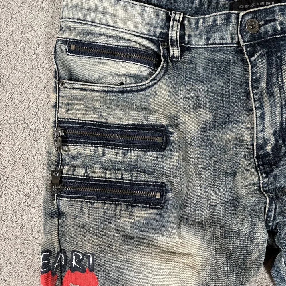 Decibel Jeans Mens 38x30 Denim Acid Wash Distressed Rip Paint Splatter Graffiti